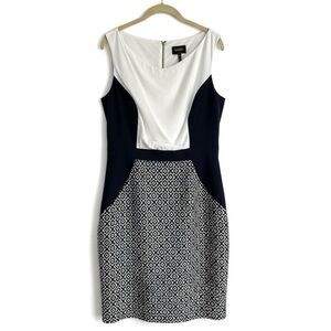 New Laundry by Shelli Segal Geometric Sheath Dress Wedding Guest White Navy 10